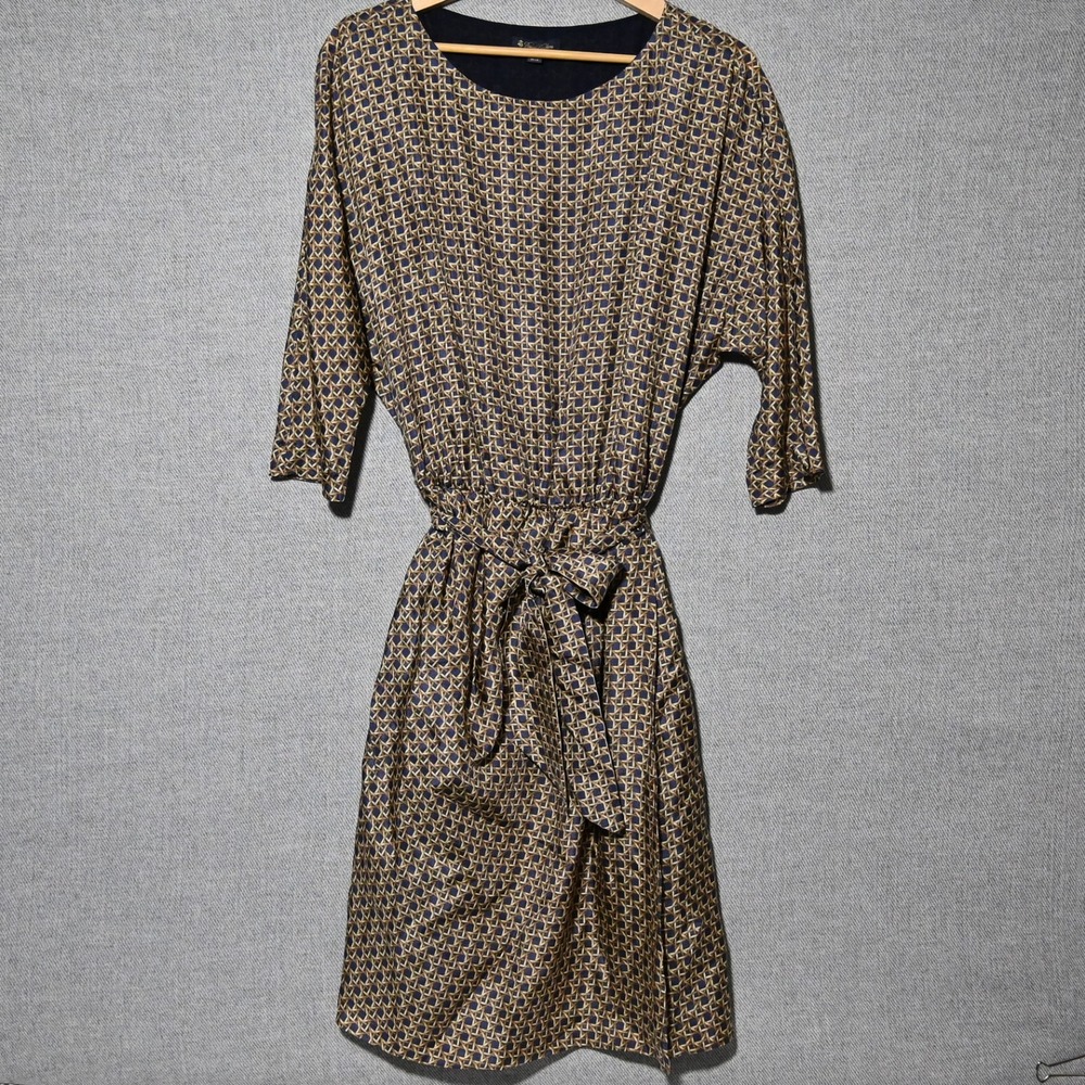 Brooks Brothers Silk Geometric Print Belted Dress Womens 8 Navy Gold